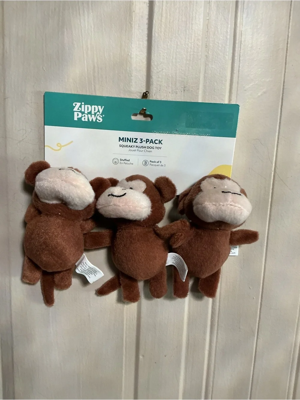 New Zippy Paws Plush 3 Miniz Monkeys Mini Pet Dog Toy Squeaks Brown 4.5* NEW